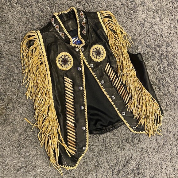 Tribe America NEW Women’s Leather Vest With Fringe Bone Bead Work Made In USA 12 - Picture 1 of 16